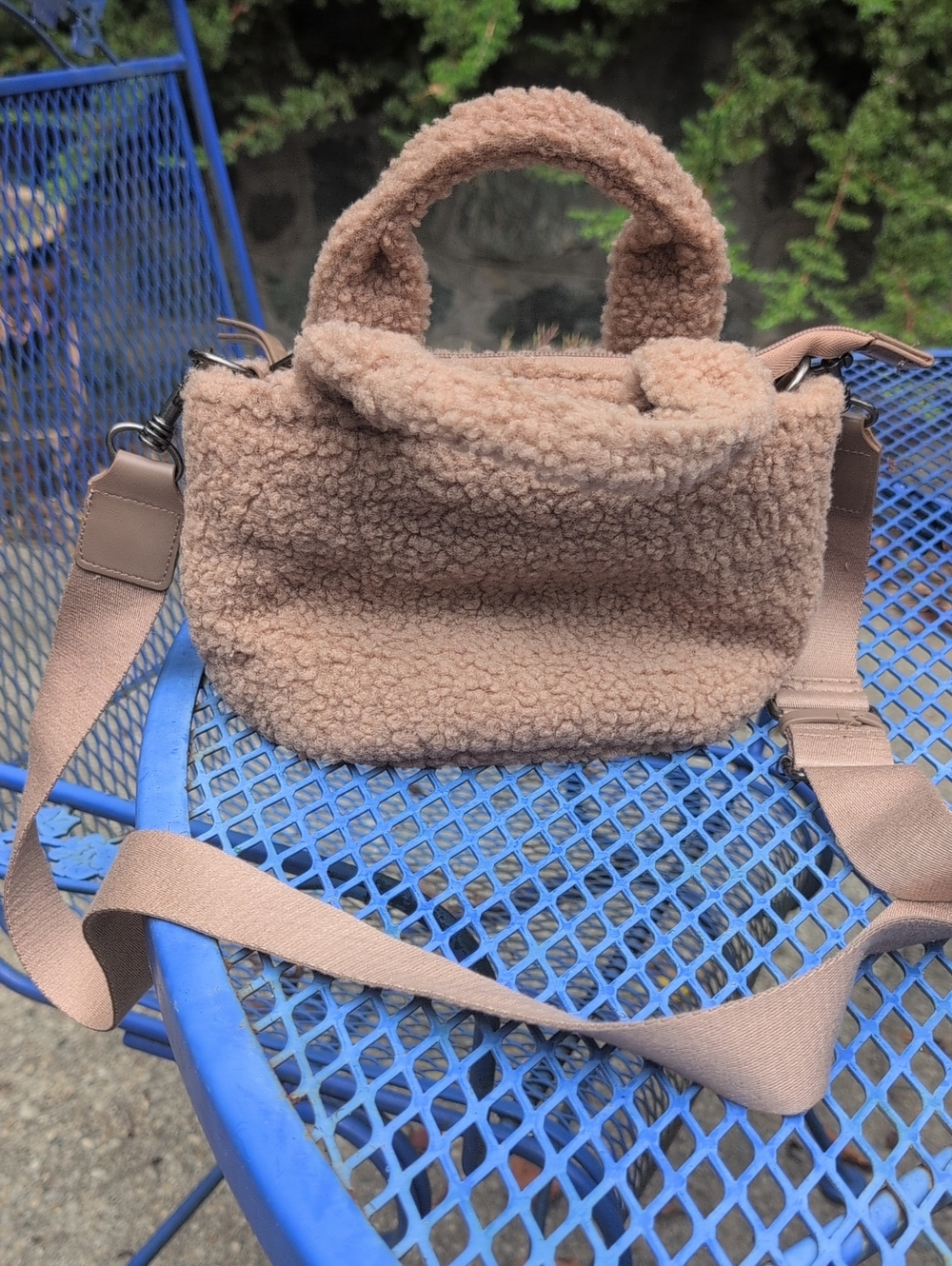 Tan Fleece Style Handbag With Strap
